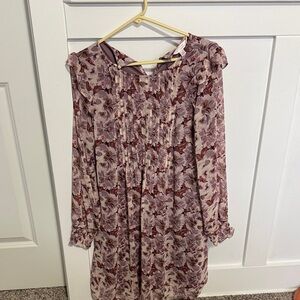 LC Lauren Conrad Mauve Floral Long-Sleeve Pleated Dress